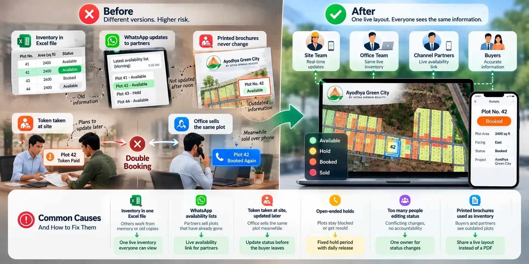 Before and after: scattered spreadsheets and chats replaced by one shared live plot layout
