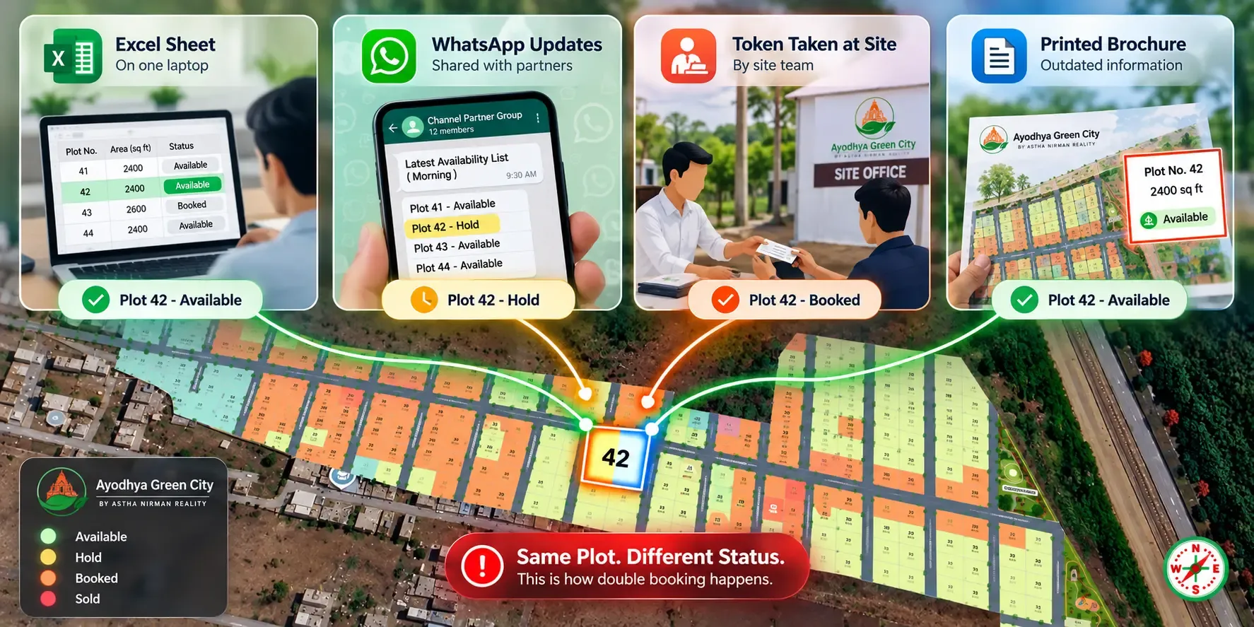 Spreadsheet, WhatsApp chat, site receipt and brochure showing different status for the same plot