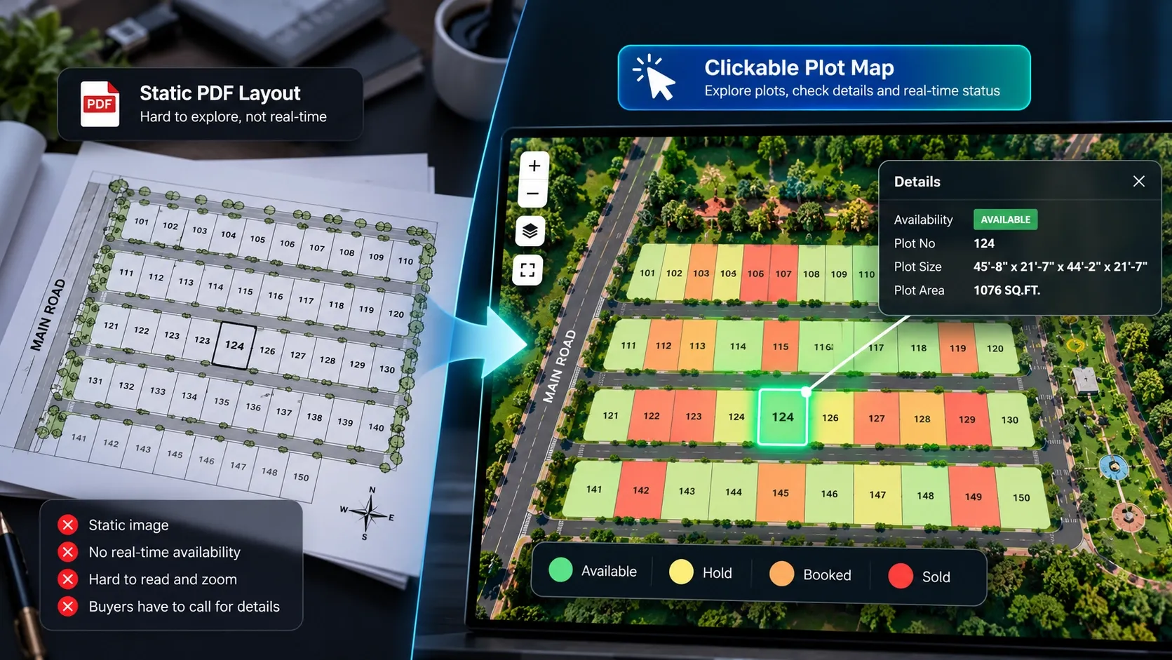 Static PDF plot layout beside the same layout as a clickable map with plot details open Static PDF plot layout beside the same layout as a clickable map with plot details open