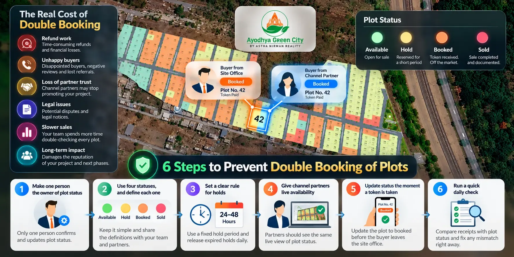 Six-step checklist to prevent double booking of plots with four status colours