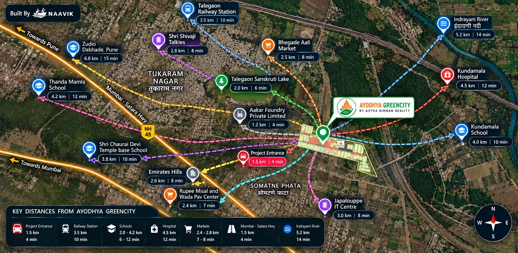 Plotted project location with nearby schools, hospitals and highways marked with distances Plotted project location with nearby schools, hospitals and highways marked with distances