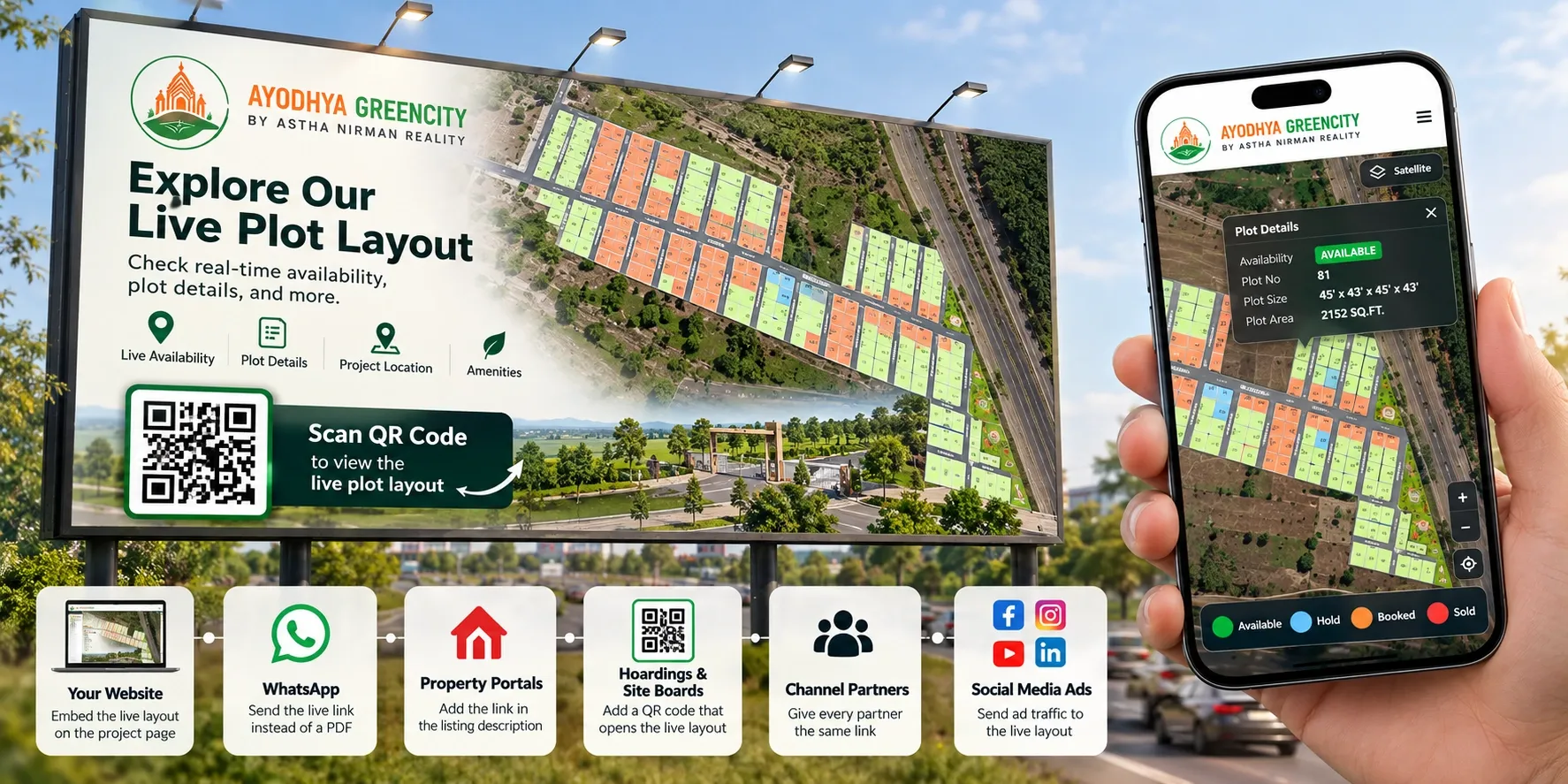 Real estate hoarding with a QR code that opens a live plot layout on a phone Real estate hoarding with a QR code that opens a live plot layout on a phone