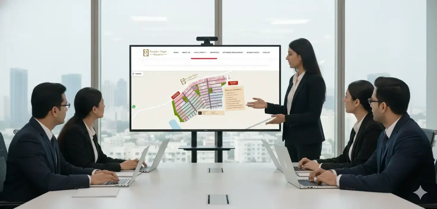 Woman presenting website data on a large screen during a corporate meeting.