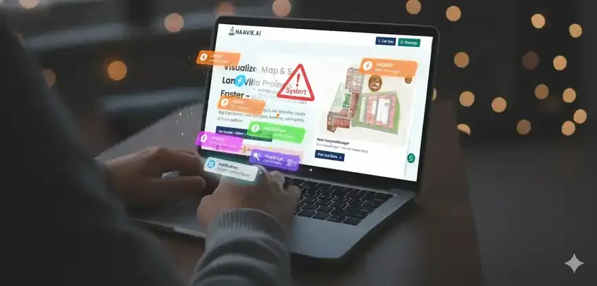 Person typing on a laptop with a website showing UI/UX analysis and a warning icon. Person typing on a laptop with a website showing UI/UX analysis and a warning icon.